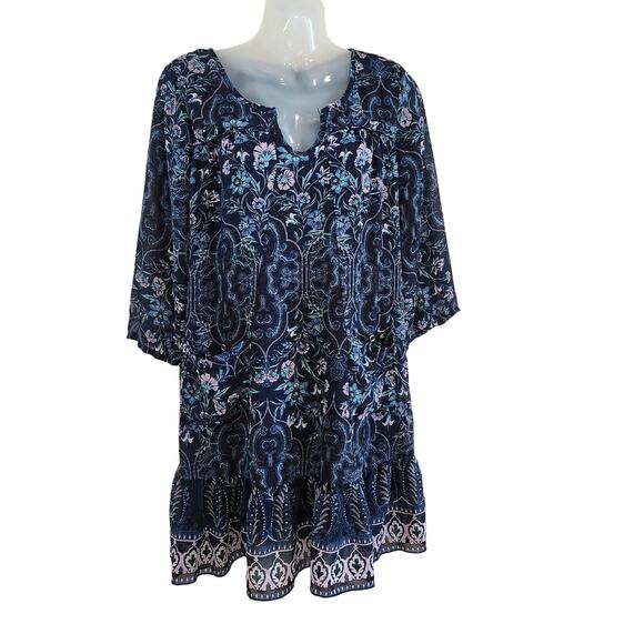 As U Wish Floral Shift Mini Dress 3/4 Sleeve Relaxed Fit Navy Blue Multi Size M - Picture 1 of 10